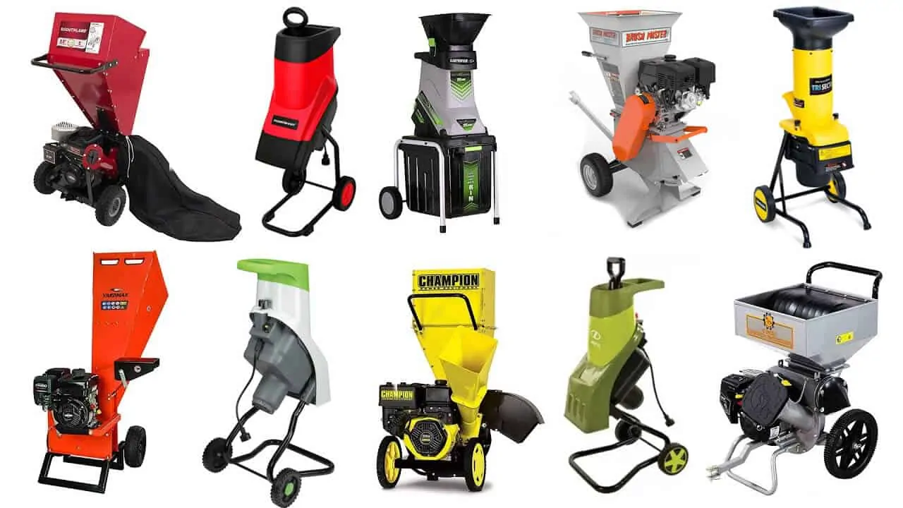 Different types and models of wood chippers for residential and home use.
