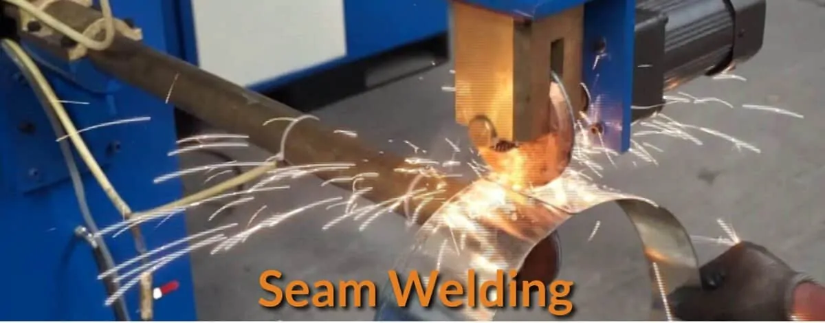 Seam welding on a sheet of metal.